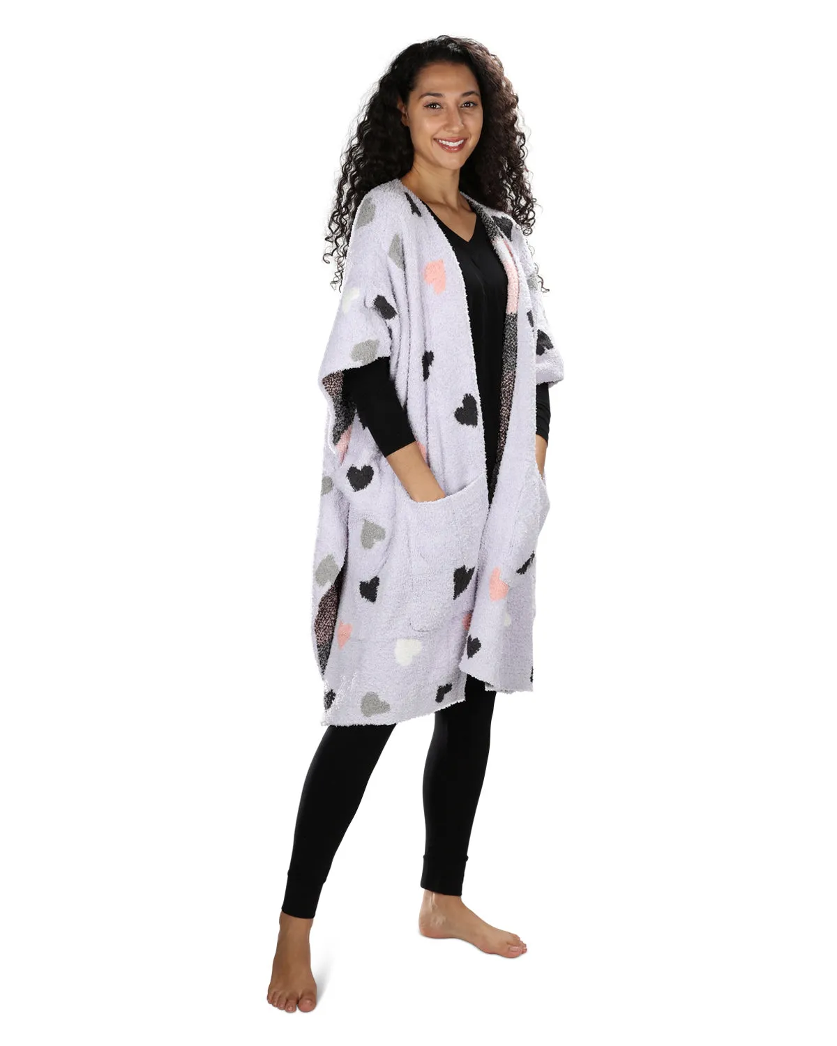 Women's Plush Heart-Themed Ruana Wearable Throw with Kimono Sleeves sold by MeMoi