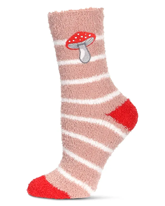 Women's Striped Mushroom Embroidery Cozy Crew Socks sold by MeMoi
