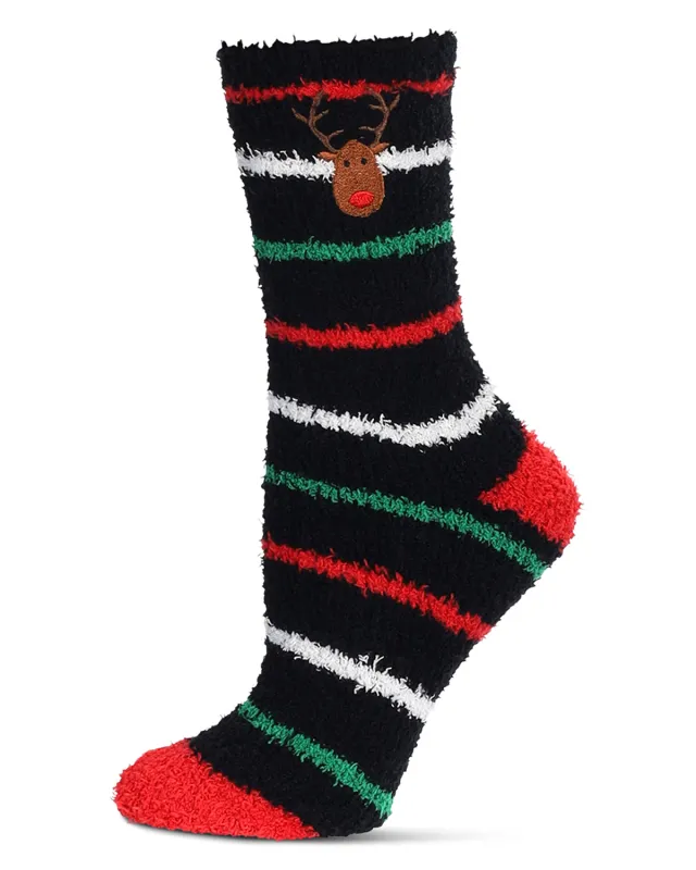 Women's Striped Reindeer Embroidery Cozy Crew Socks sold by MeMoi