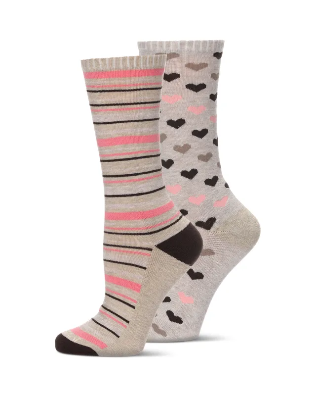 2 Pair Diabetic Heart/Stripe Half Cushion Crew Socks made by MeMoi