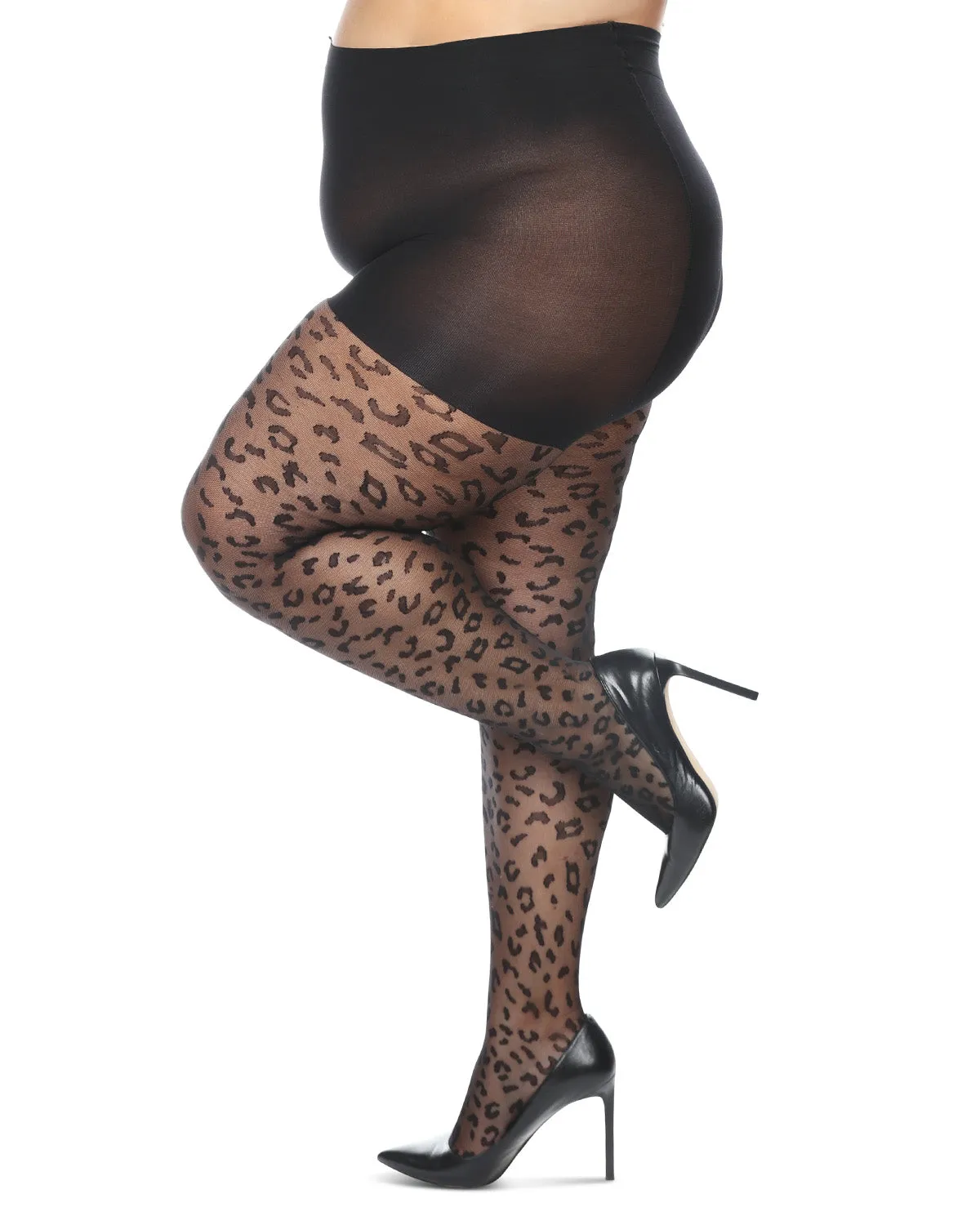 Women's Curvy Leopard Sheer Nylon Control Top Tights sold by MeMoi