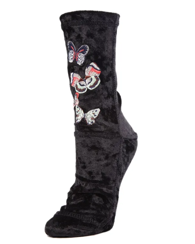 Butterfly-Embroidered Crushed Velvet Crew Socks made by MeMoi