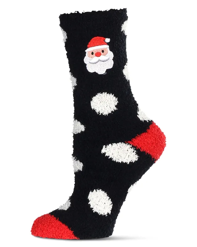 Women's Plush Polka Dot Santa Embroidery Cozy Crew Sock sold by MeMoi