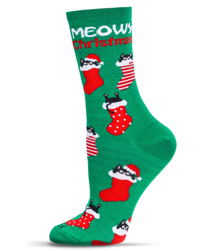 Women's Meowy Christmas Holiday Crew Socks sold by MeMoi