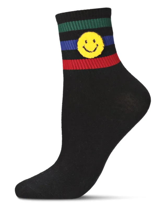 Women's Striped Cotton-Rich Crew Sock with Terry Smiley Patch sold by MeMoi