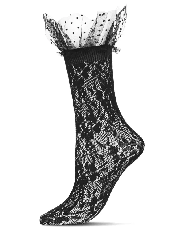 Women's Floral Ruffle Polka Dot Cuff Crew Socks sold by MeMoi