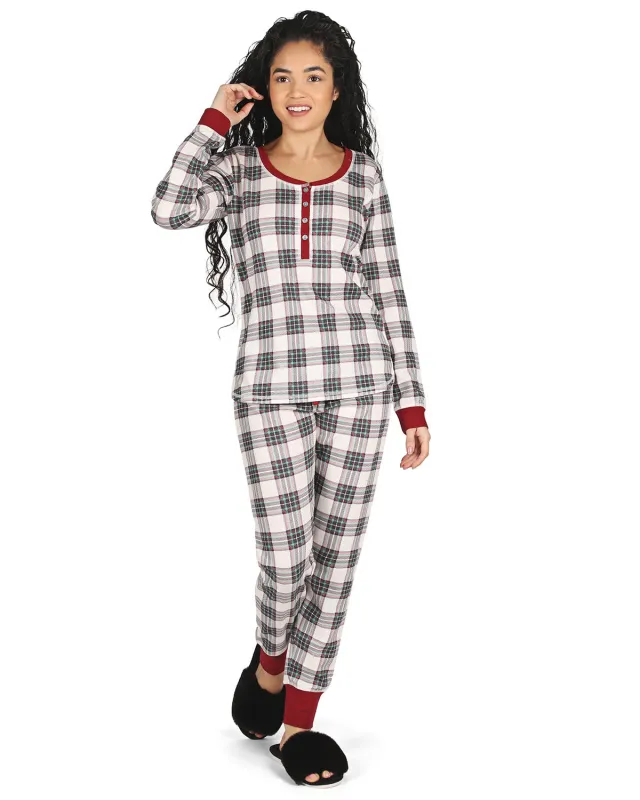 Women's Henley Plaid Cotton Blend Pajama Set made by MeMoi