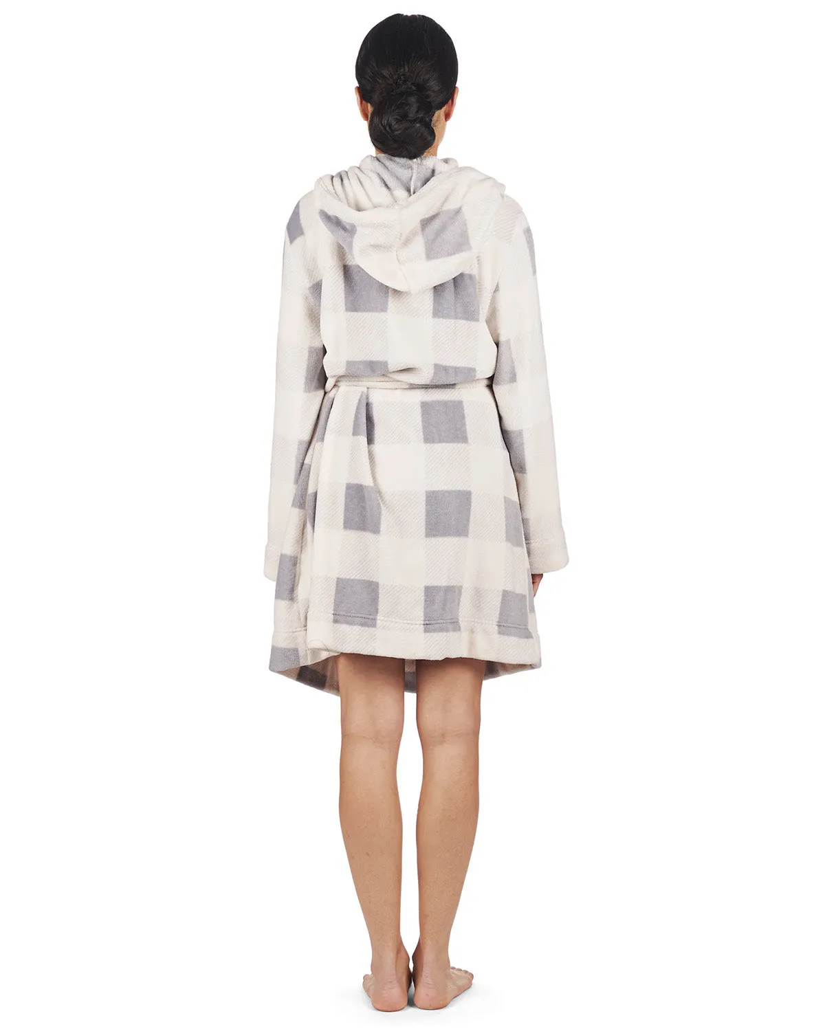Women's Plaid Plush Hooded Robe with Pom-Pom Drawstrings sold by MeMoi product image thumbnail 4