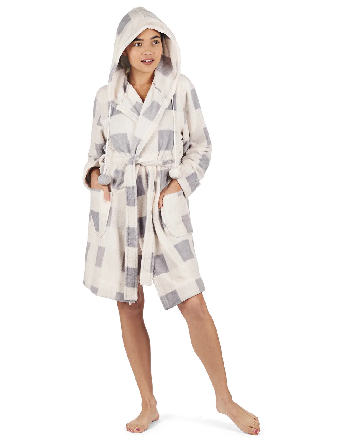 Women's Plaid Plush Hooded Robe with Pom-Pom Drawstrings sold by MeMoi