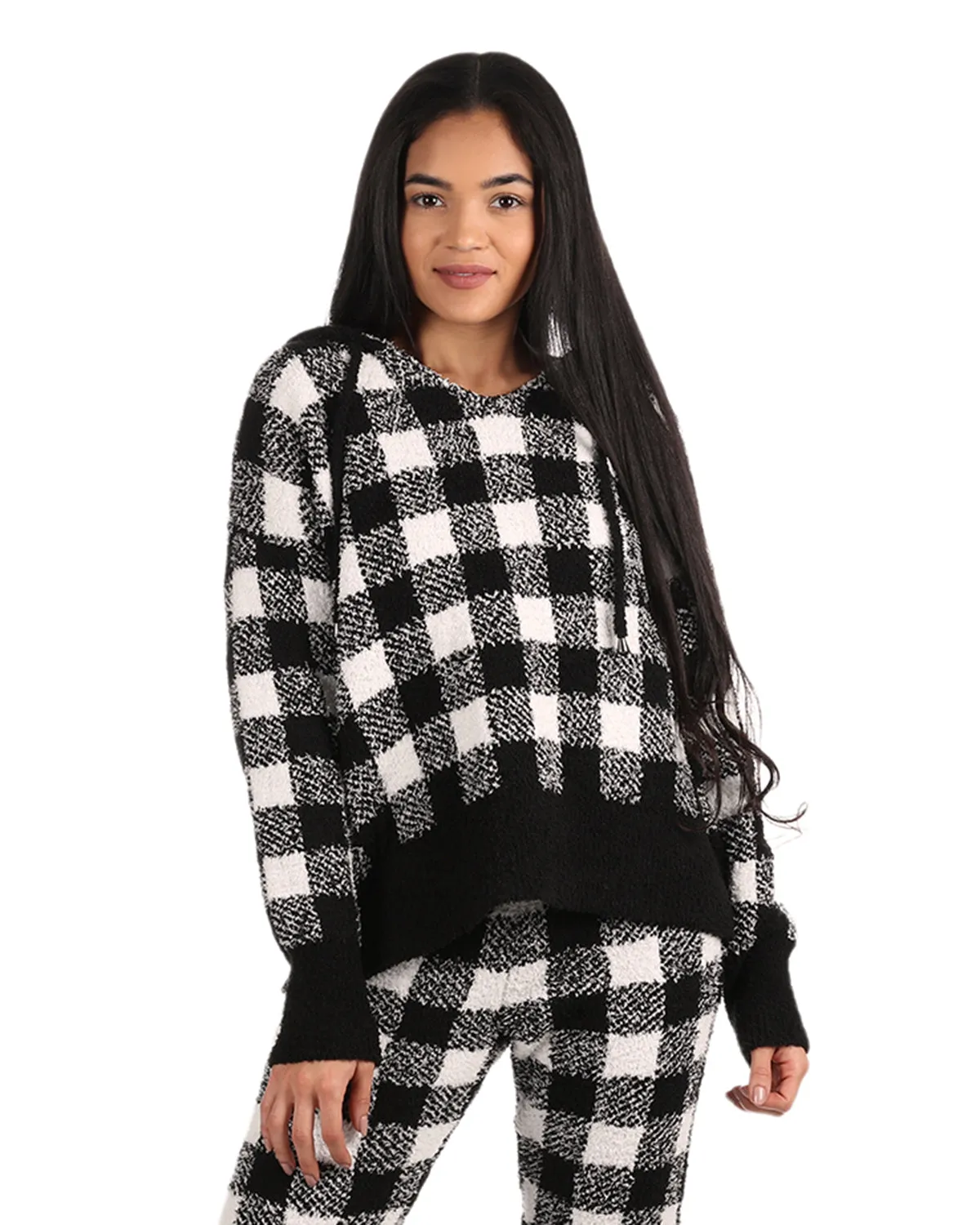 Women's Buffalo Check Cozy Knit Drawstring Hoodie sold by MeMoi product image thumbnail 3