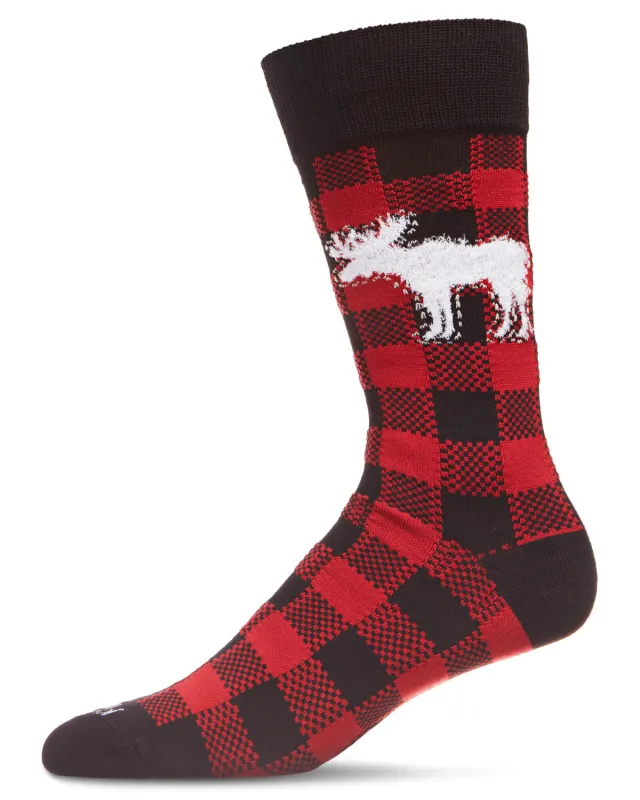 Men's Buffalo Plaid Checked Moose Holiday Crew Socks sold by MeMoi