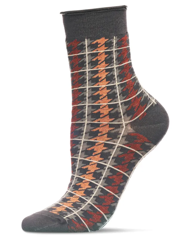 Women's Houndstooth Plaid Roll Cuff Crew Socks sold by MeMoi