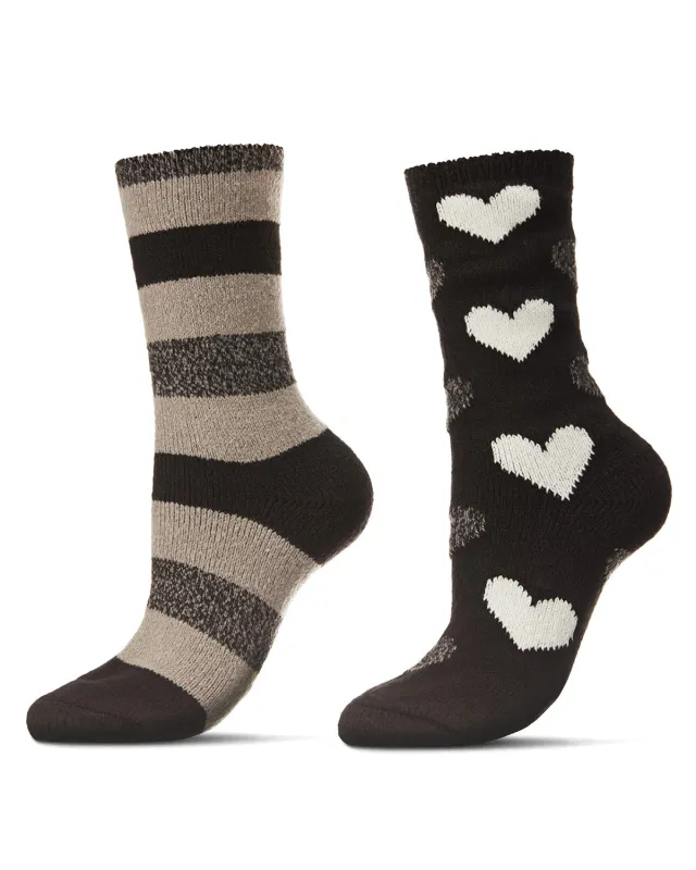 Women's 2 Pair Pack Hearts and Stripes Buttersoft Crew Socks sold by MeMoi