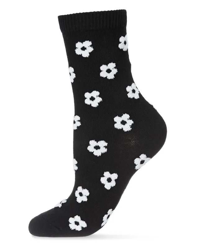 Women's Flocked Contrast Cotton Blend Floral Crew Sock sold by MeMoi