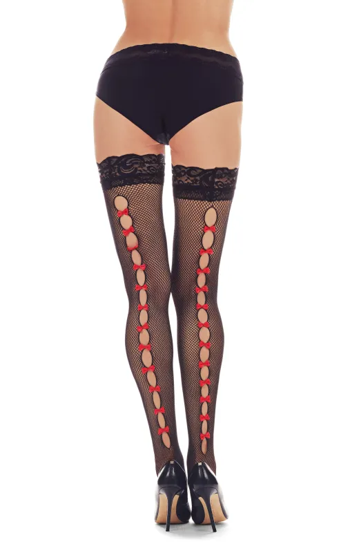 Women's Boudoir Bow Backseam Lace Top Net Thigh High sold by MeMoi