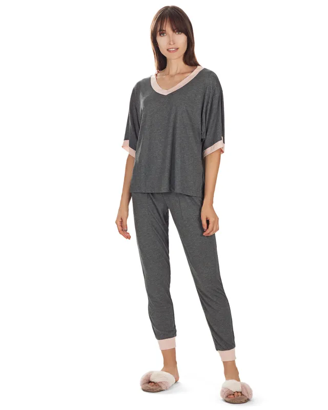 Women's Contrast Trim Loose Fit Modal Short Sleeve and Pants Set sold by MeMoi