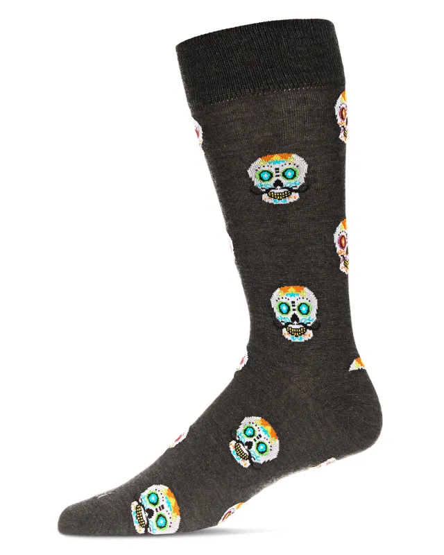 Men's Mustachioed Sugar Skull Bamboo Blend Crew Socks sold by MeMoi