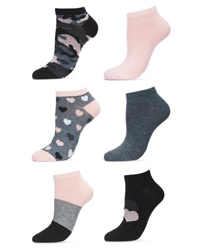 Women's 6 Pair Pack Camoflauge and Hearts Low Cut Socks sold by MeMoi