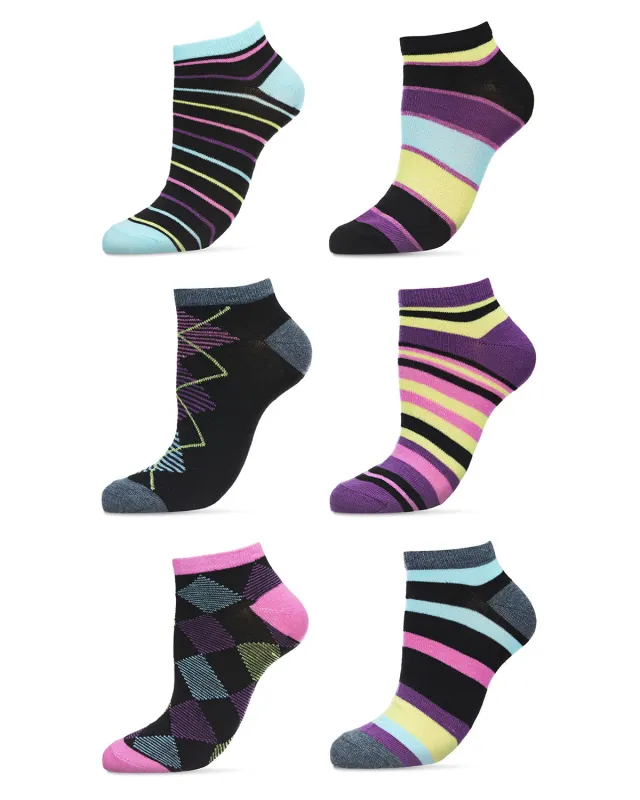 Women's 6 Pair Pack Diamonds and Stripes Low Cut Socks sold by MeMoi