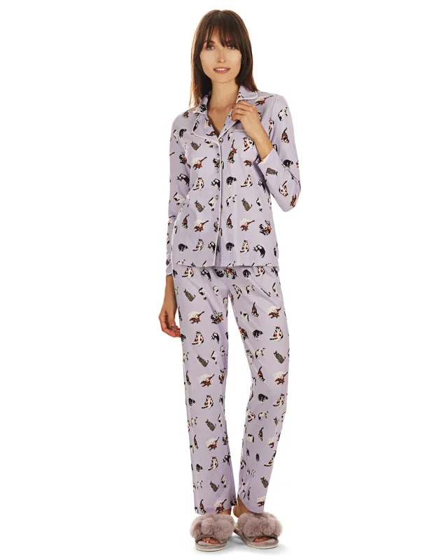 Women's Crazy Cats Notch Collar Cotton Blend Pant Pajama Set sold by MeMoi