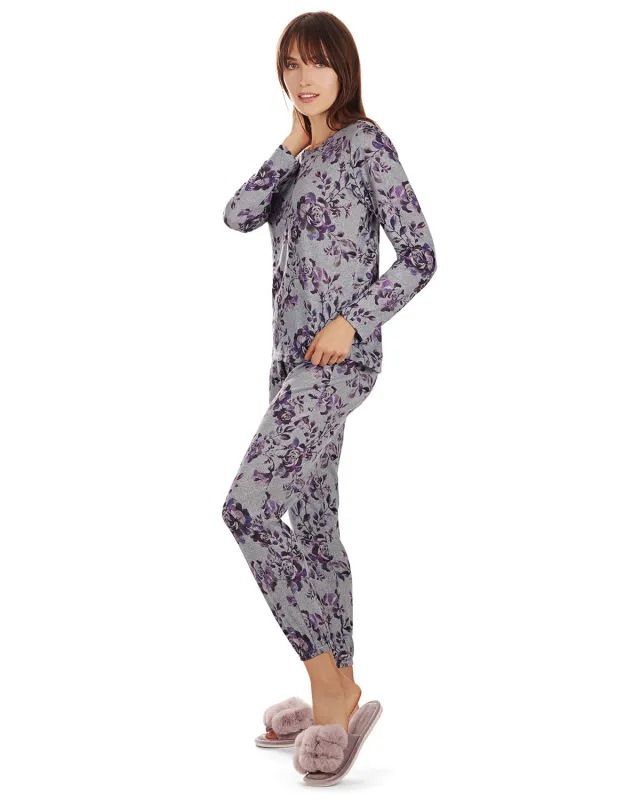 Women's 2 Piece Purple Blossom Long Sleeve and Tapered Pant Pajama Set sold by MeMoi