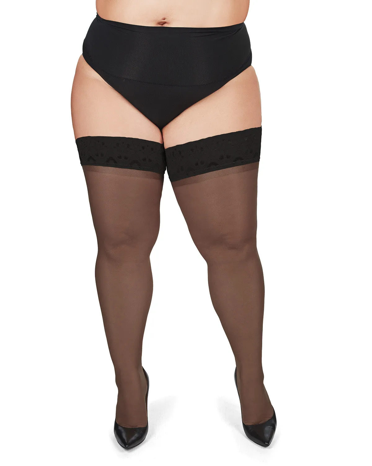 Plus Size Curvy Silky Sheer Lace Top Thigh High Stocking sold by MeMoi