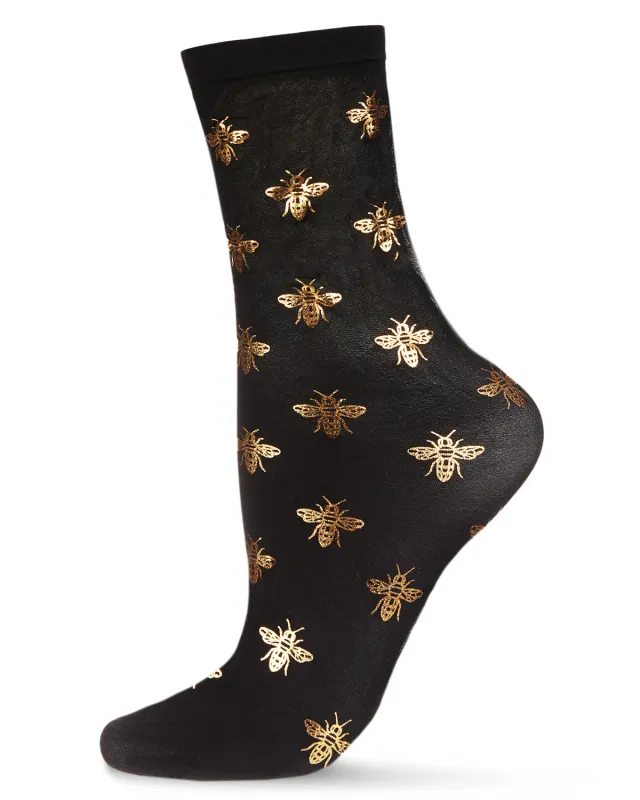 Women's Gold Foil Beautiful Bee Sheer Fashion Crew Sock sold by MeMoi