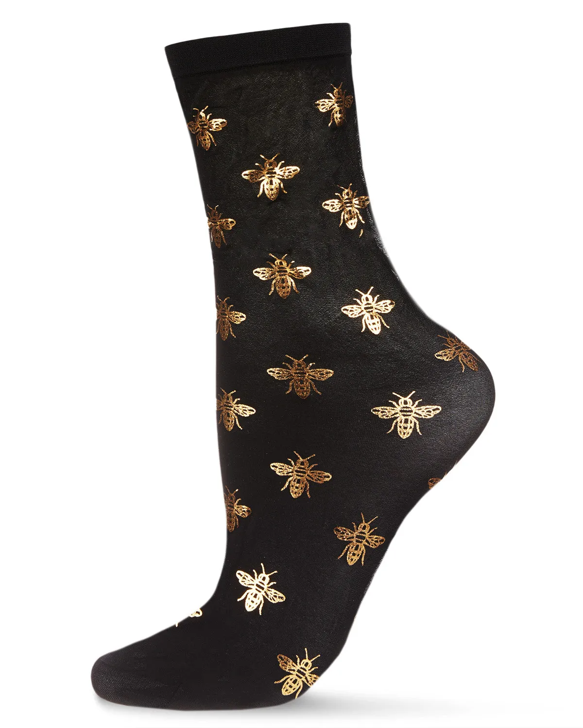 Women's Gold Foil Beautiful Bee Sheer Fashion Crew Sock sold by MeMoi