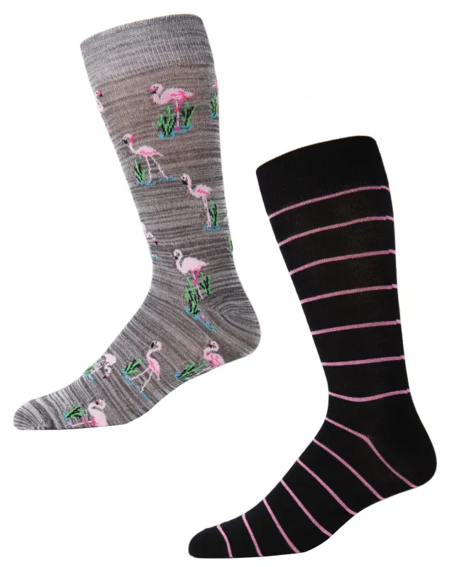 Men's 2 Pair Pack Novelty Flamingo Stripe Crew Socks sold by MeMoi