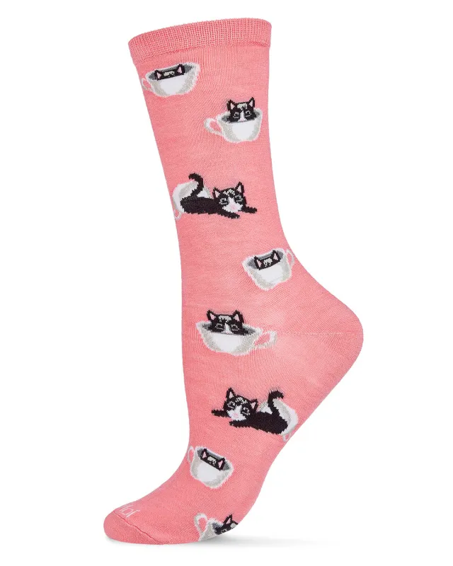 Cup o' Cats Bamboo Blend Crew Socks sold by MeMoi