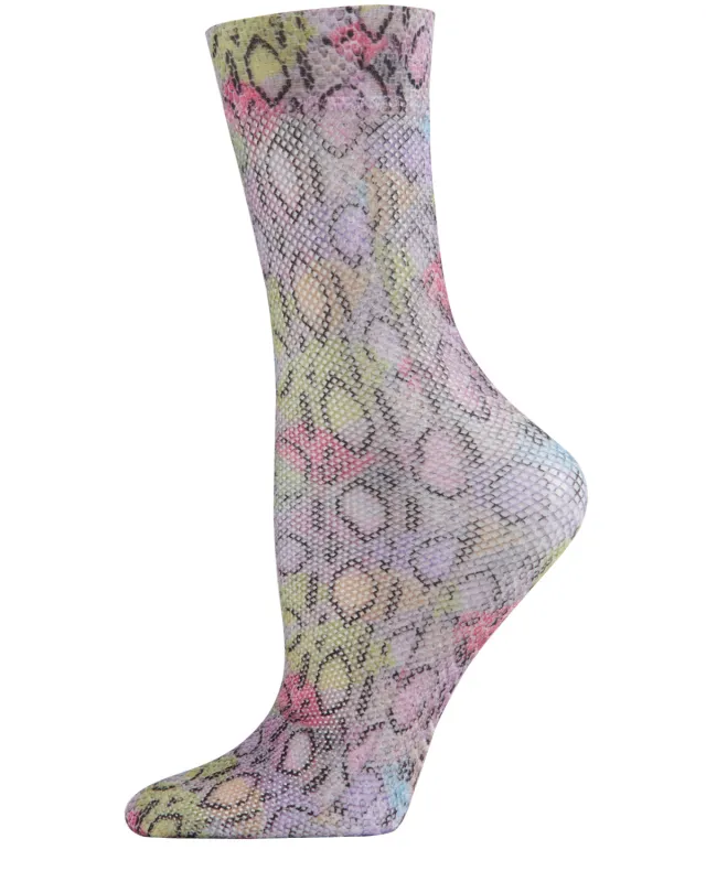 Women's Lounge Lizard Print Colorful Fishnet Crew Sock sold by MeMoi