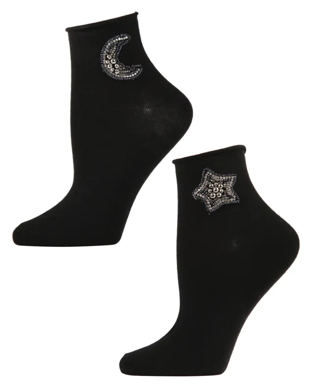 Women's Beaded Moon and Star Roll Top Shorties Sock made by MeMoi
