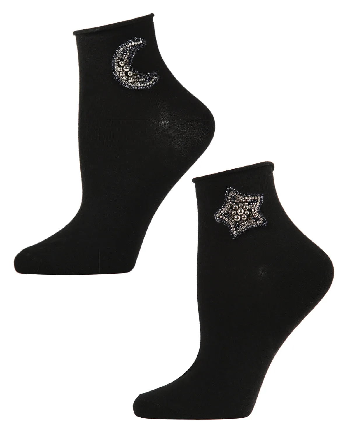 Women's Beaded Moon and Star Roll Top Shorties Sock sold by MeMoi