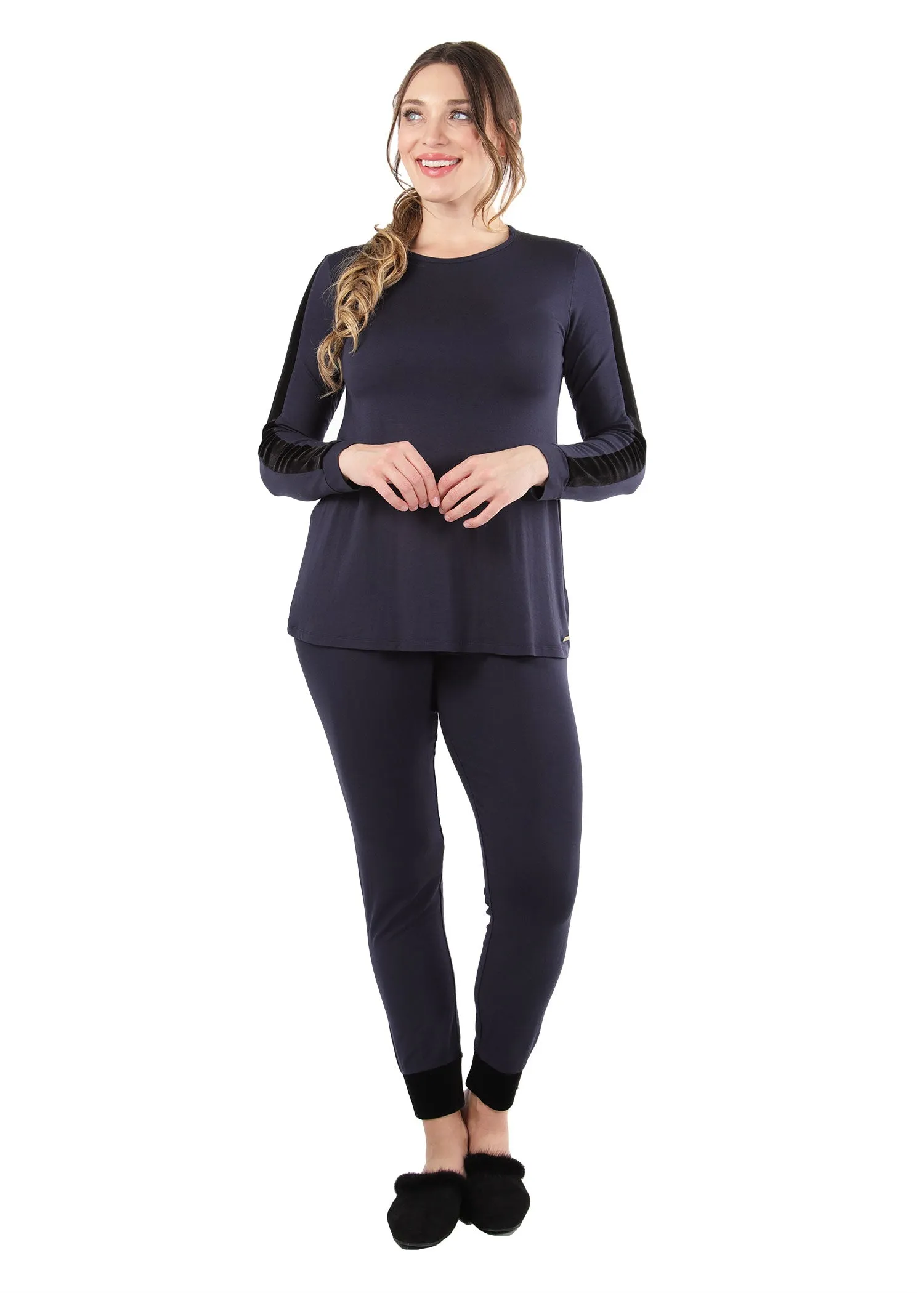 Women's Velvet Racing Stripe Trim Long Sleeve Pajama Set sold by MeMoi product image thumbnail 5