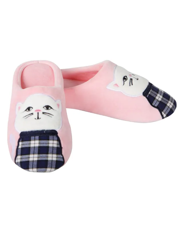 Women's Plaid Cat Plush Hard Bottom Slippers sold by MeMoi