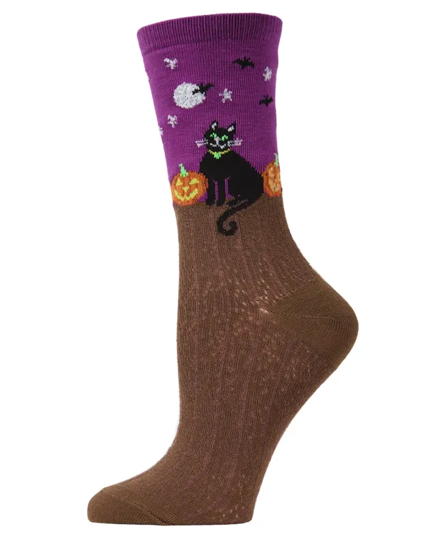 Women's Starry Night Cat Halloween Crew Socks sold by MeMoi