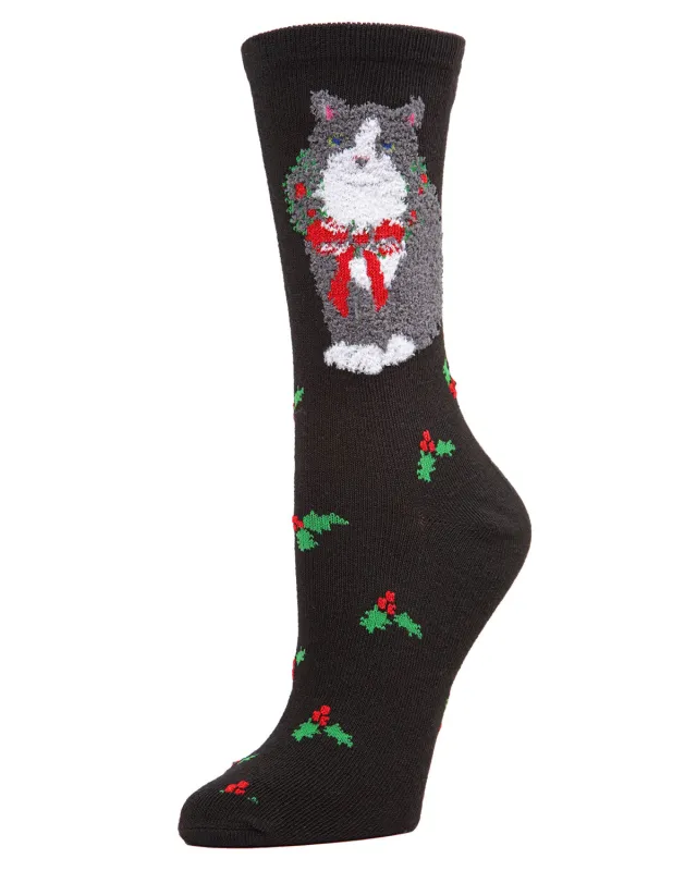 Women's Embroidered Christmas Cat Crew Socks sold by MeMoi