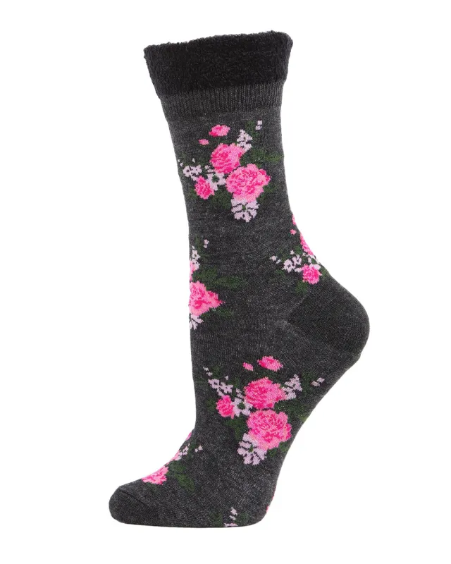 Women's Rosie Chenille Cuff Embroidered Flower Crew Socks sold by MeMoi