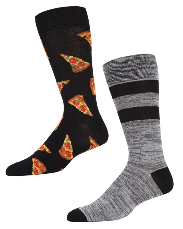 2 Pair Men's Pizza-Themed and Striped Rayon-Blend Novelty Crew Socks sold by MeMoi