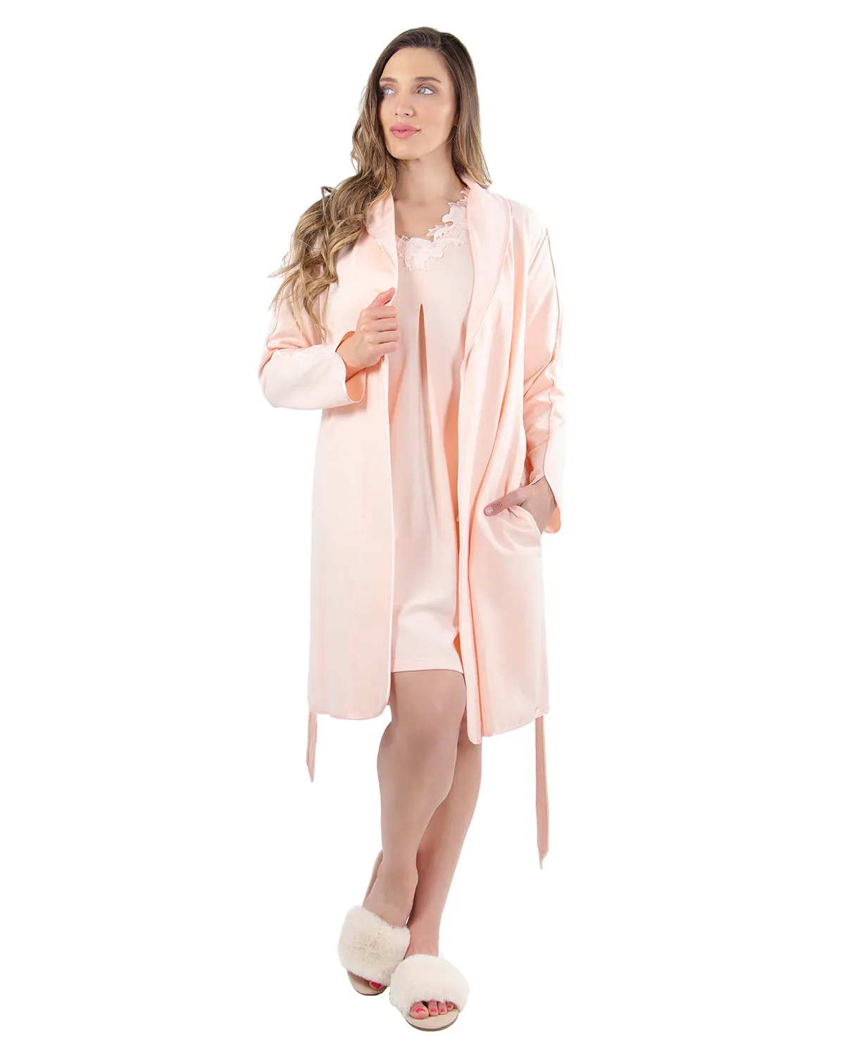 Women's Lace Applique Cotton Blend Robe with Satin Weave Trim sold by MeMoi product image thumbnail 2