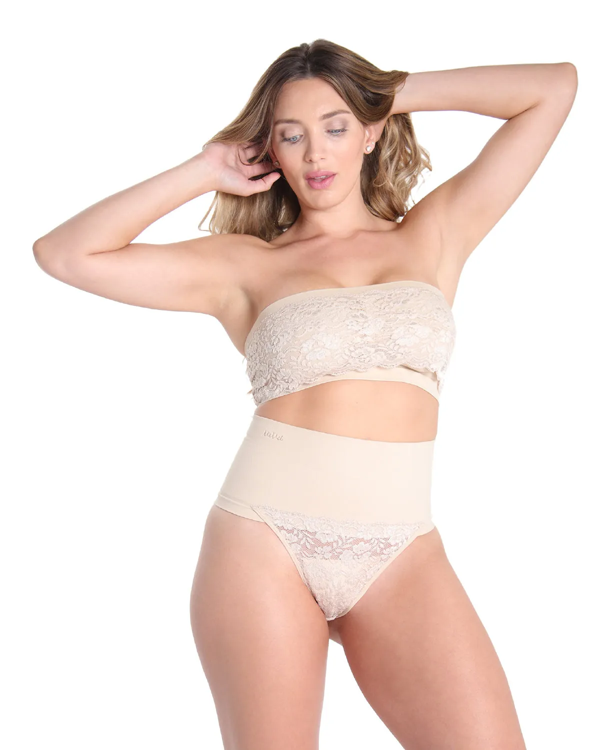 High-Waisted Lace Seamless Shaping Thong sold by MeMoi
