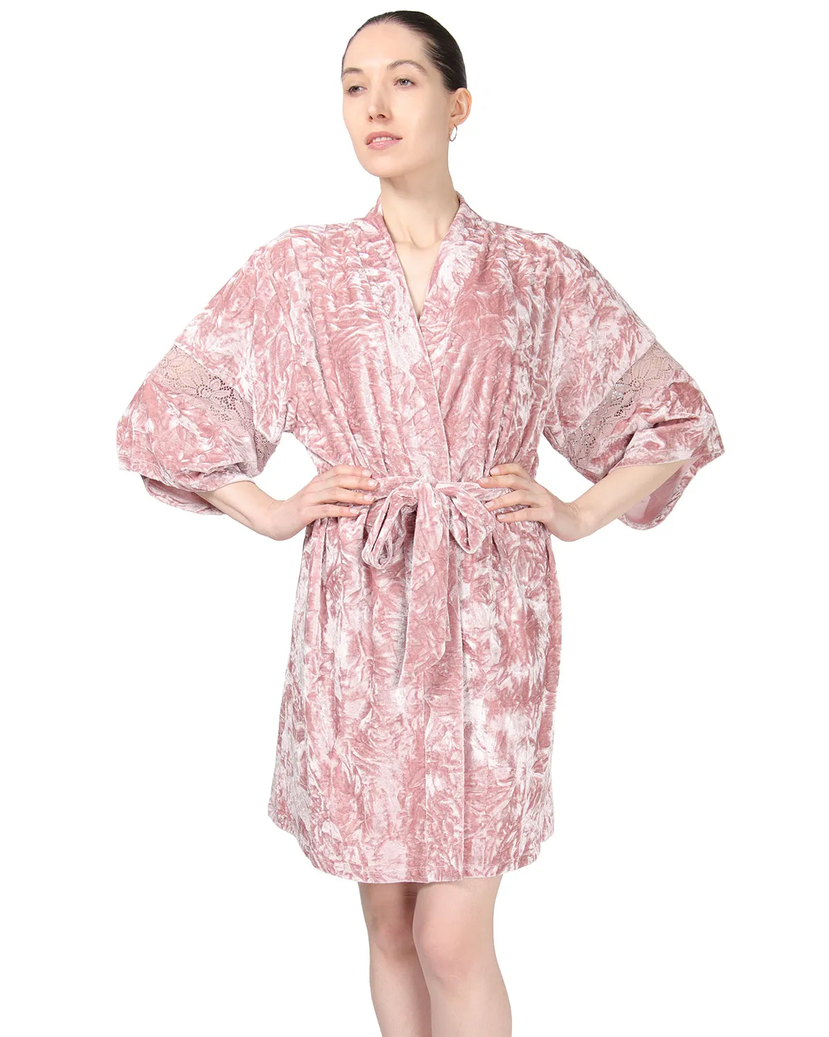 Women's Crushed Velvet Floral Lace Trim Kimono Robe sold by MeMoi product image thumbnail 2