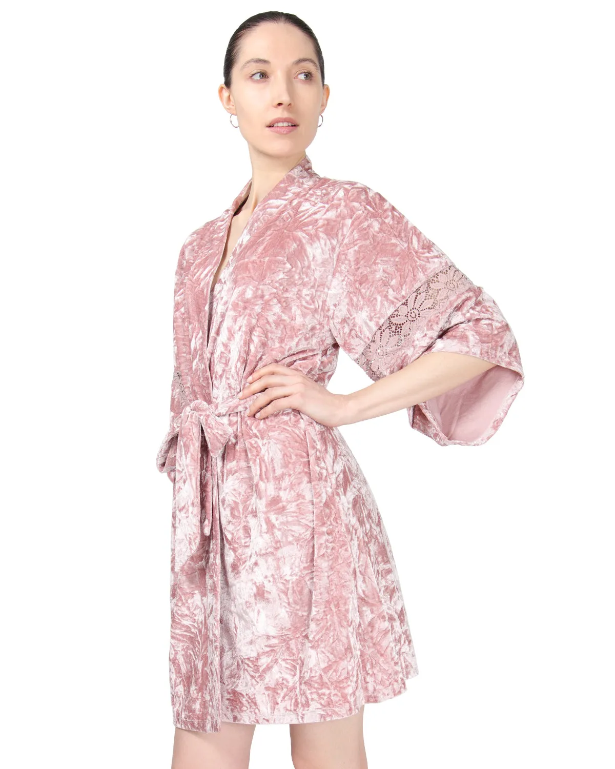 Women's Crushed Velvet Floral Lace Trim Kimono Robe sold by MeMoi product image thumbnail 3