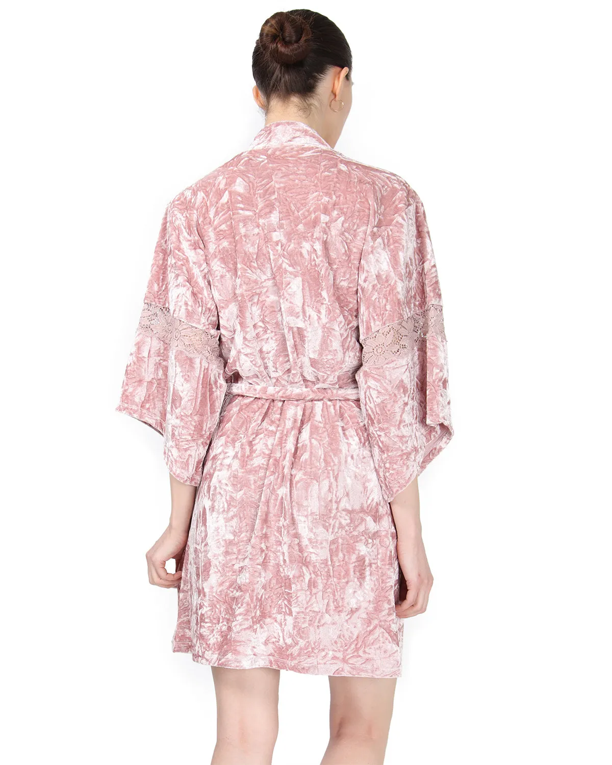 Women's Crushed Velvet Floral Lace Trim Kimono Robe sold by MeMoi product image thumbnail 4