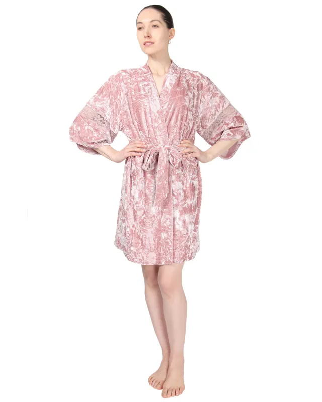 Women's Crushed Velvet Floral Lace Trim Kimono Robe sold by MeMoi