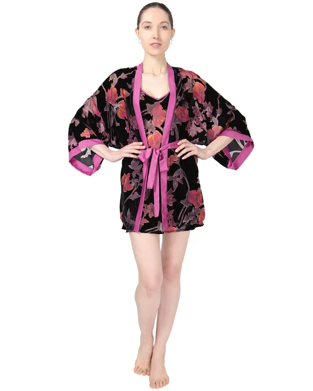 Women's Velvet Burnout Satin Trim Floral Kimono Robe sold by MeMoi