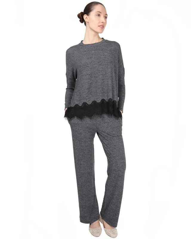 Women's Long Sleeve Lounge Set with Contrast Lace Hem sold by MeMoi