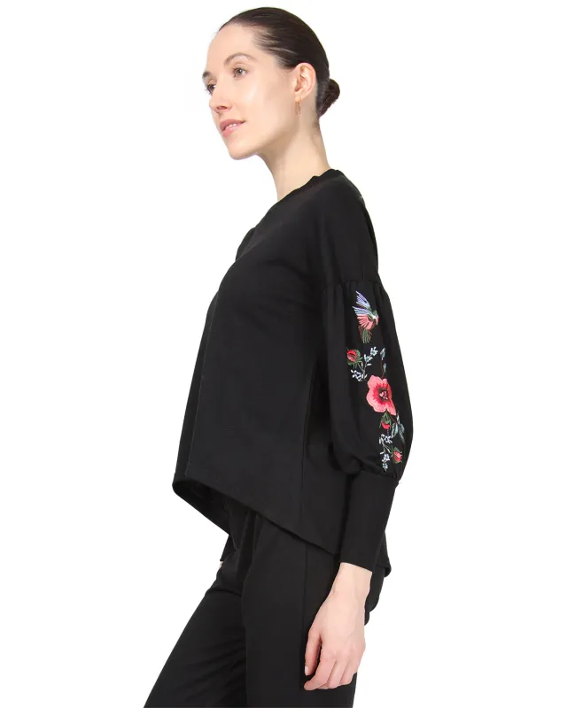 Women's Oversized Dropped Sleeve Top with Ribbed Cuff and Embroidery sold by MeMoi
