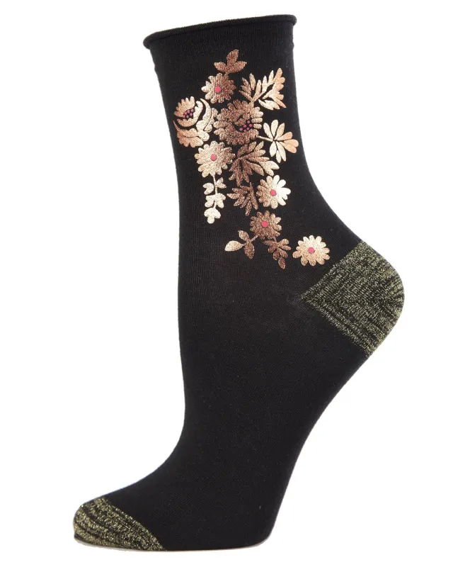 Gilded Roses Metallic Floral Cotton Blend Crew Socks sold by MeMoi