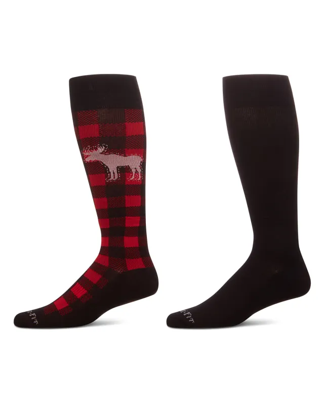 2 Pair Unisex Moose-Themed/Solid-Color Cotton-Blend Compression Socks sold by MeMoi